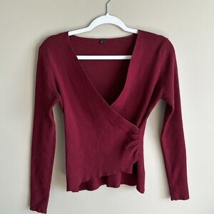 women’s long leave ribbed wrap sweater size small red wine color